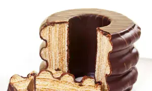 Ein angeschnittener Baumkuchen mit Schokoladenglasur, dessen Schichten die aufwendige Baumkuchen Herstellung zeigen.