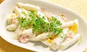 Cremiger Salat mit gekochtem Ei, garniert mit Kresse. Die Sauce aus Mayonnaise mit gekochtem Eigelb und Joghurt macht ihn besonders lecker.