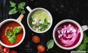 Erfrischendes Essen bei warmen Wetter: Drei bunte Suppen – Tomate, Gurke und Rote Bete – mit frischen Kräutern und Gemüse.