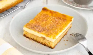 Ein Stück von Omas Schmandkuchen vom Blech, bestreut mit Zucker und Zimt, liegt auf einem Teller.