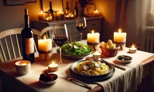 Ein romantisches Essen zuhause: Kerzenlicht, Wein, Pasta mit Trüffeln und ein frischer Salat. Perfekt für einen besonderen Abend.
