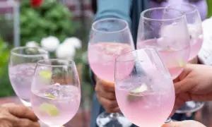 Fünf Gläser mit pinkfarbenem Sarti Spritz, garniert mit Limette, stoßen an.