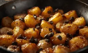 Geröstete Kartoffelspalten in einer Pfanne, verfeinert mit Rosinen und einem Hauch von schwarzem Knoblauch.