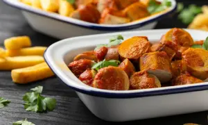 Zwei Schalen mit geschnittener Currywurst und Pommes. Die Wurst ist in einer würzigen, tomatigen Currysoße, wie im Imbiss, serviert.
