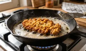 Ein goldbraunes Schnitzel braten in einer Gusseisenpfanne. Dampf steigt auf, während das Fleisch in heißem Fett zischt.