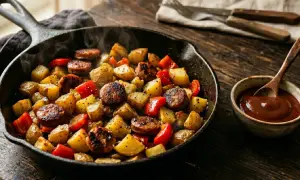 Heiß dampfende Bratwurst Kartoffel Pfanne mit Paprika, serviert in einer Gusseisenpfanne mit einer Schale Dip.