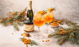 Erfrischende Sanddorn-Cocktails mit Orange und Eis, daneben Sanddorn & Honig. So schmeckt Sanddorn: fruchtig-herb und belebend.
