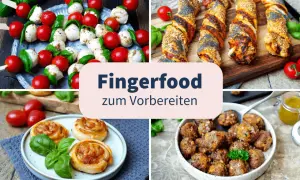 Caprese-Spieße, herzhafte Blätterteigstangen, Schnecken und Frikadellen – alles leckere partyrezepte zum vorbereiten am vortag.