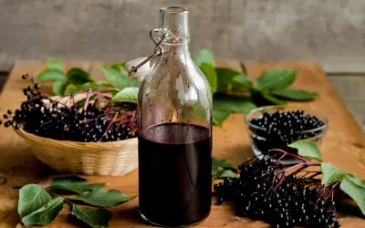 Flasche mit dunklem Holundersaft, daneben ein Korb mit frischen Holunderbeeren. Perfekt für ein Holundersaft Rezept.