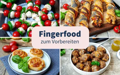 Caprese-Spieße, herzhafte Blätterteigstangen, Schnecken und Frikadellen – alles leckere partyrezepte zum vorbereiten am vortag.