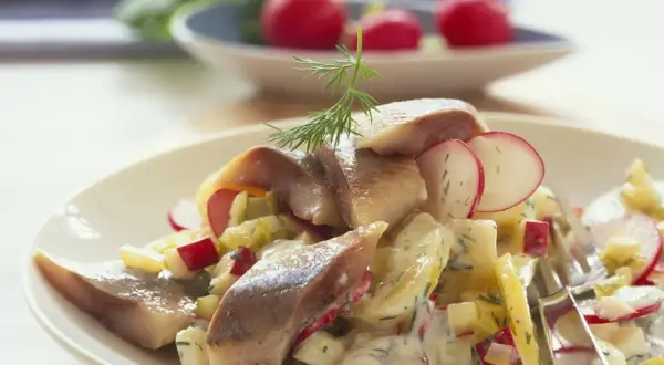 Schwedischer Kartoffelsalat mit Matjes, Radieschen und Dill. Ein köstliches Gericht, das den Geschmack des Sommers einfängt.