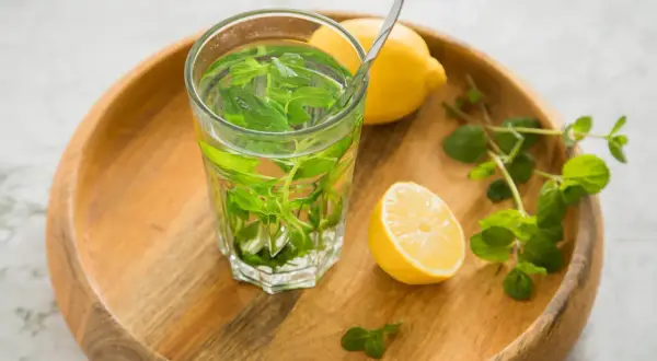 Erfrischender Minztee mit Zitrone, perfekt zum Tee selber machen. Ein Glas mit frischer Minze und Zitronenscheiben auf einem Holztablett.