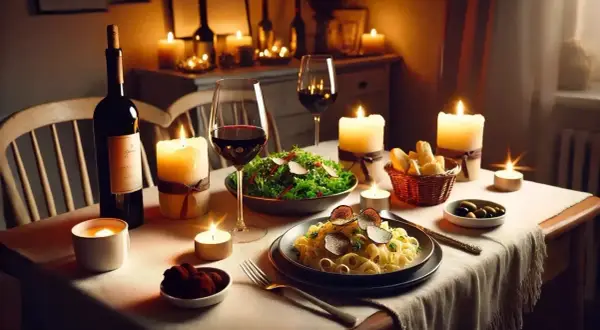 Ein romantisches Essen zuhause: Kerzenlicht, Wein, Pasta mit Trüffeln und ein frischer Salat. Perfekt für einen besonderen Abend.