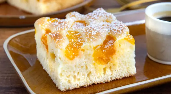 Ein Stück saftiger Buttermilchkuchen mit Mandarinen, bestäubt mit Puderzucker, auf einem braunen Teller neben einer Tasse Kaffee.