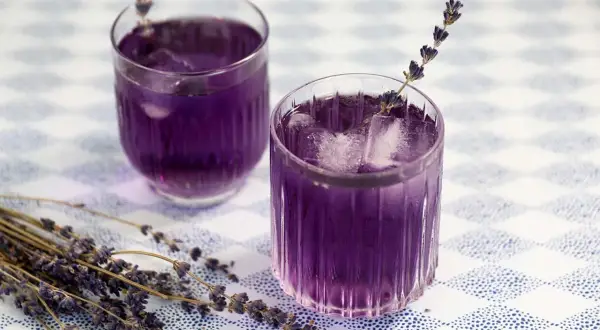 Zwei Gläser mit lila Lavendel Spritz, Eiswürfeln und Lavendelzweigen auf kariertem Tisch.