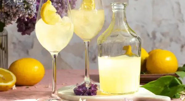 Zwei Gläser mit Eis und Zitronenscheiben, daneben eine Flasche und frische Zitronen. Perfekt zum Limoncello mischen für einen erfrischenden Genuss.