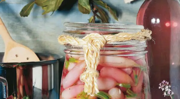 Ein Glas mit gepickelten Radieschen, verziert mit einem Seil. Daneben ein Topf mit einem Holzlöffel und eine Flasche mit roter Flüssigkeit.