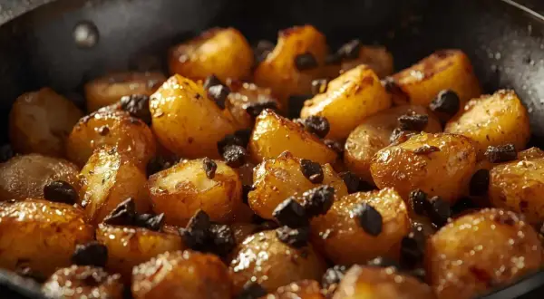 Geröstete Kartoffelspalten in einer Pfanne, verfeinert mit Rosinen und einem Hauch von schwarzem Knoblauch.