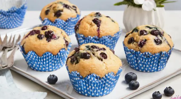 Fünf saftige, vegane Blaubeermuffins in blauen Papierförmchen auf einem weißen Teller. Frische Blaubeeren und eine kleine Blumendekoration runden das Bild ab.