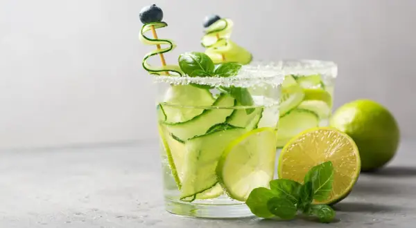 Zwei erfrischende Aperitifs mit Gurke, Limette und Minze, garniert mit Blaubeeren.