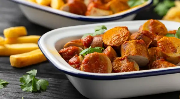Zwei Schalen mit geschnittener Currywurst und Pommes. Die Wurst ist in einer würzigen, tomatigen Currysoße, wie im Imbiss, serviert.