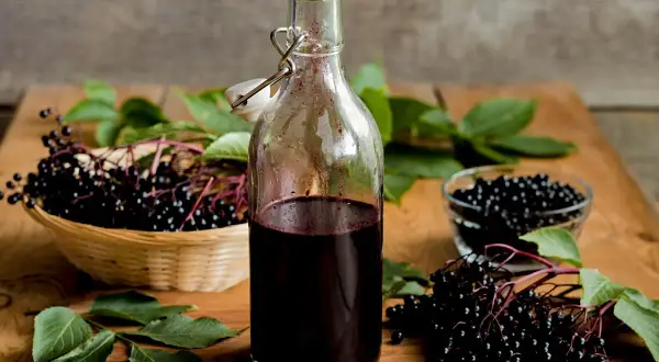 Flasche mit dunklem Holundersaft, daneben ein Korb mit frischen Holunderbeeren. Perfekt für ein Holundersaft Rezept.