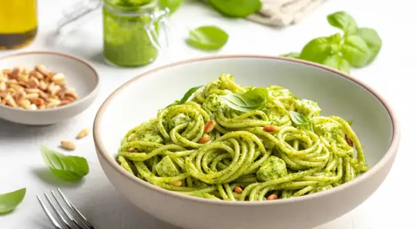 Spaghetti mit cremigem Pesto, Pinienkernen und Mozzarella. Verschiedene Pesto Arten sind möglich, aber dieses grüne Pesto ist ein Klassiker.