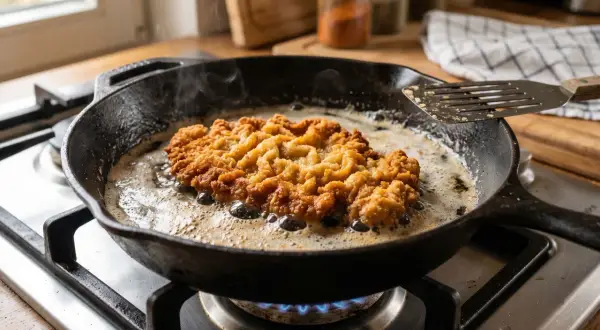 Ein goldbraunes Schnitzel braten in einer Gusseisenpfanne. Dampf steigt auf, während das Fleisch in heißem Fett zischt.