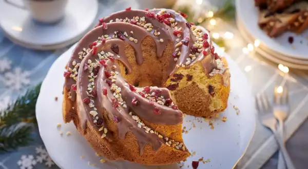 Ein köstlicher Apfel Zimt Gugelhupf mit Schokoladenglasur, Nüssen und Cranberries, bereit zum Genießen.