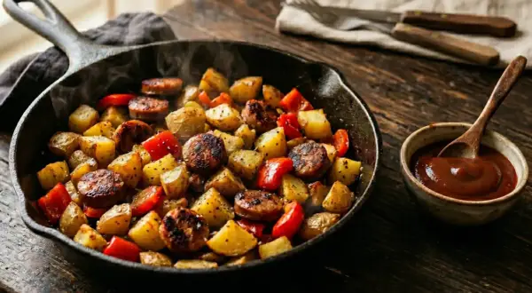 Heiß dampfende Bratwurst Kartoffel Pfanne mit Paprika, serviert in einer Gusseisenpfanne mit einer Schale Dip.