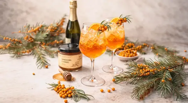 Erfrischende Sanddorn-Cocktails mit Orange und Eis, daneben Sanddorn & Honig. So schmeckt Sanddorn: fruchtig-herb und belebend.