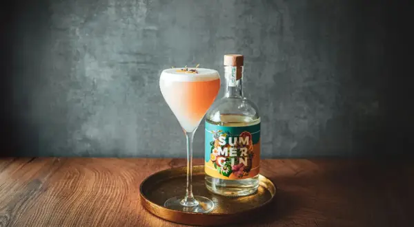 Ein erfrischender Gin-Cocktail mit cremigem Schaum und einer Flasche "Summer Gin" daneben. Perfekt für warme Tage.