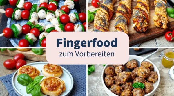 Caprese-Spieße, herzhafte Blätterteigstangen, Schnecken und Frikadellen – alles leckere partyrezepte zum vorbereiten am vortag.