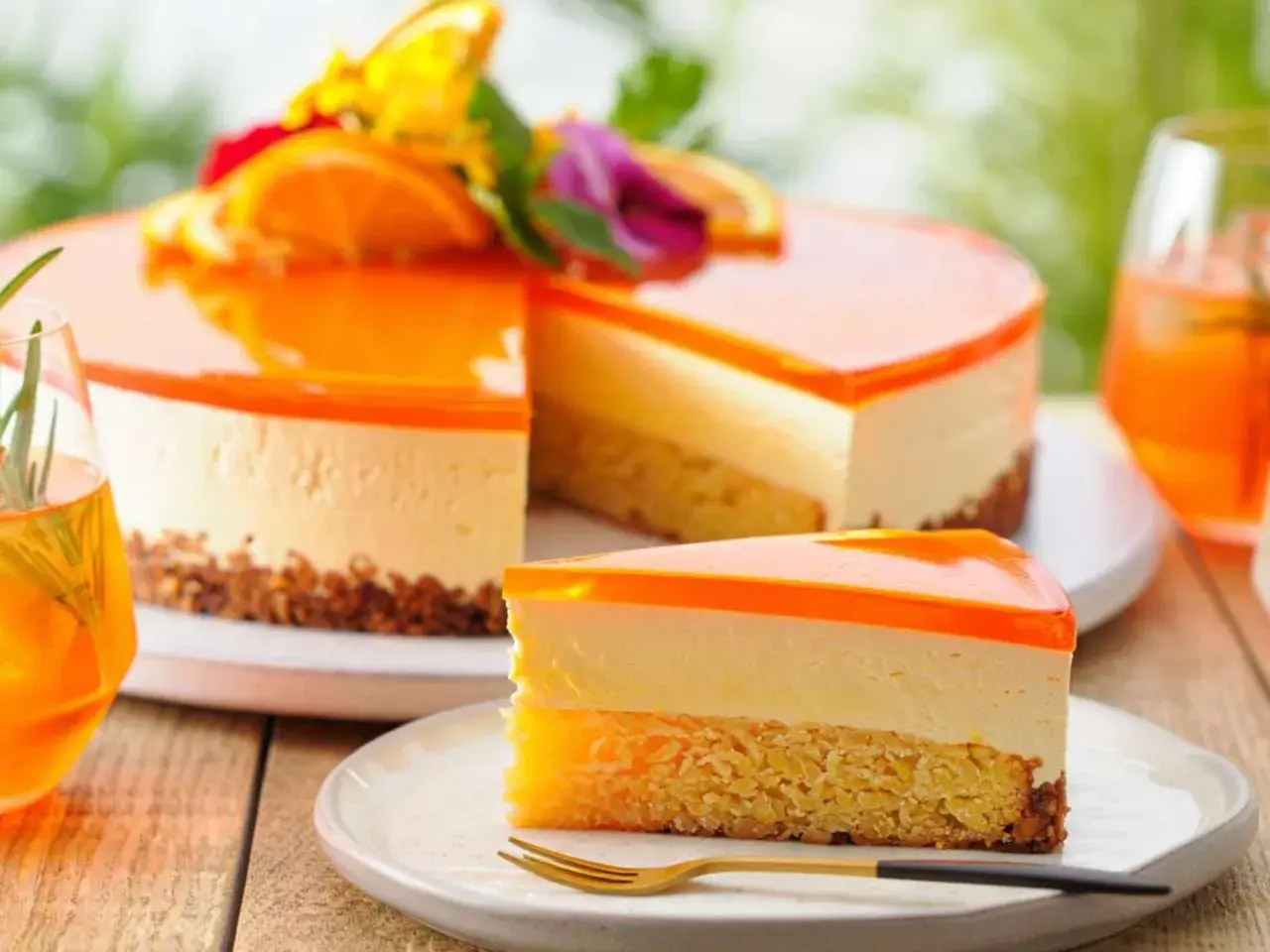 Erfrischende Aperol Torte mit Orangen-Gelee-Schicht und cremigem Käsekuchen. Ein Stück auf einem Teller mit Gabel.