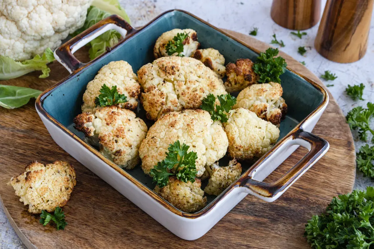 Goldbrauner blumenkohl im backofen, mit Kräutern verfeinert, serviert in einer Auflaufform auf einem Holzbrett.