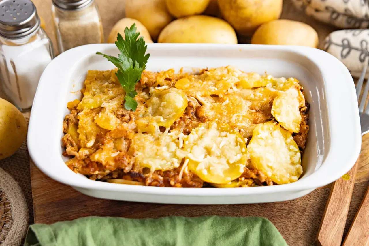 Omas Kartoffelauflauf mit Hackfleisch, goldbraun überbacken und mit Petersilie garniert. Ein herzhaftes Gericht, das an Kindheit erinnert.