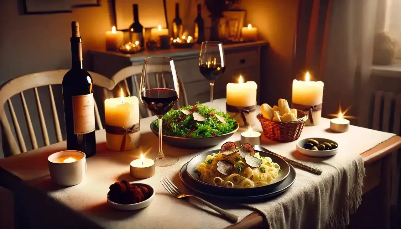 Ein romantisches Essen zuhause: Kerzenlicht, Wein, Pasta mit Trüffeln und ein frischer Salat. Perfekt für einen besonderen Abend.