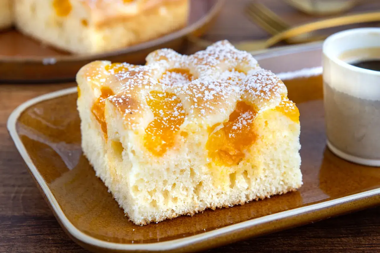 Ein Stück saftiger Buttermilchkuchen mit Mandarinen, bestäubt mit Puderzucker, auf einem braunen Teller neben einer Tasse Kaffee.