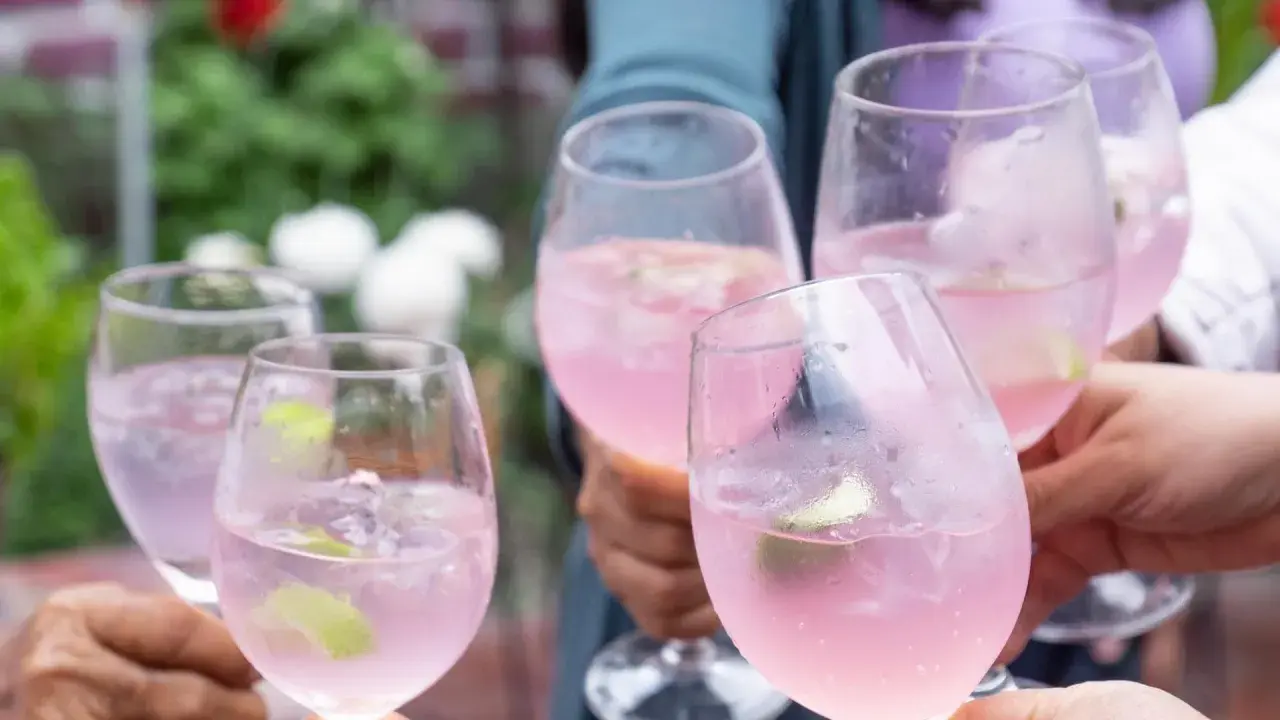 Fünf Gläser mit pinkfarbenem Sarti Spritz, garniert mit Limette, stoßen an.