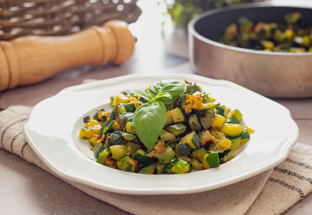Herzhafte zucchini pfanne, frisch zubereitet und mit Basilikum garniert, serviert auf einem weißen Teller.
