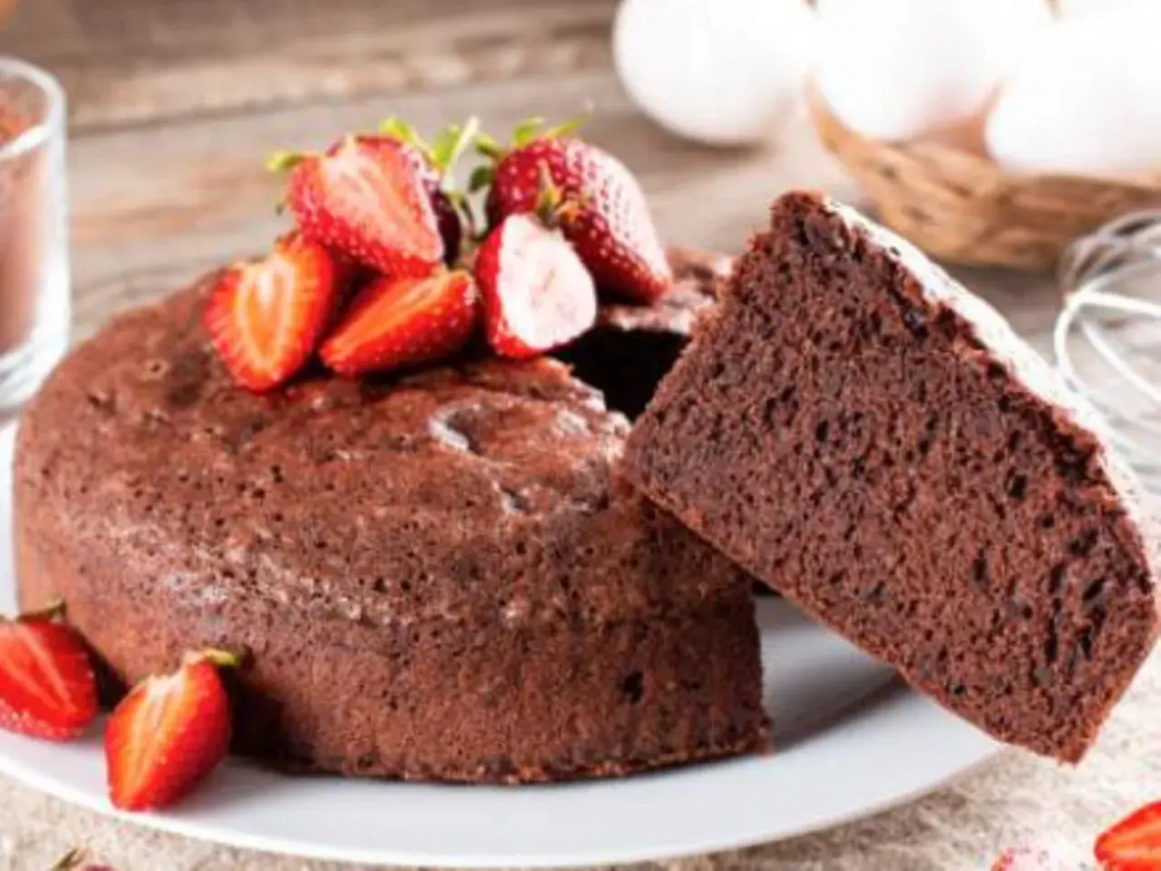 Saftiger Schokoladenkuchen, der nicht trocken ist. Ein köstliches Rezept mit frischen Erdbeeren.