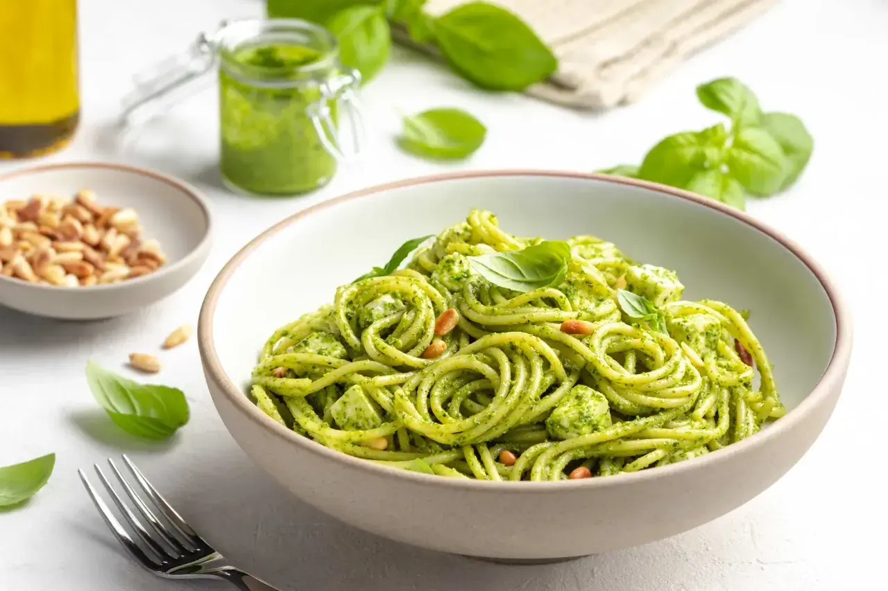 Spaghetti mit cremigem Pesto, Pinienkernen und Mozzarella. Verschiedene Pesto Arten sind möglich, aber dieses grüne Pesto ist ein Klassiker.