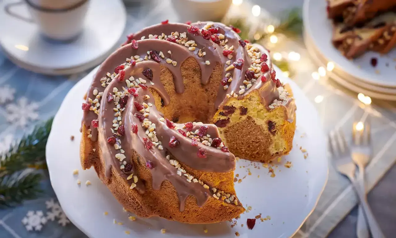 Ein köstlicher Apfel Zimt Gugelhupf mit Schokoladenglasur, Nüssen und Cranberries, bereit zum Genießen.