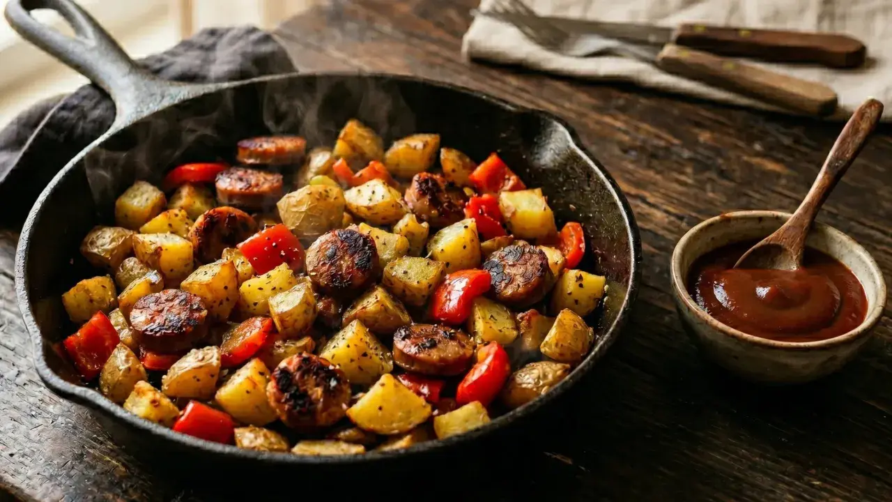 Heiß dampfende Bratwurst Kartoffel Pfanne mit Paprika, serviert in einer Gusseisenpfanne mit einer Schale Dip.