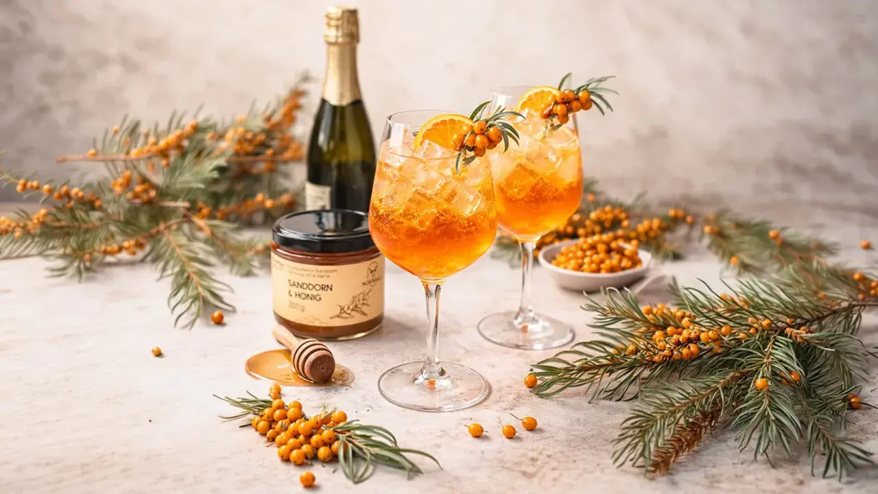 Erfrischende Sanddorn-Cocktails mit Orange und Eis, daneben Sanddorn & Honig. So schmeckt Sanddorn: fruchtig-herb und belebend.