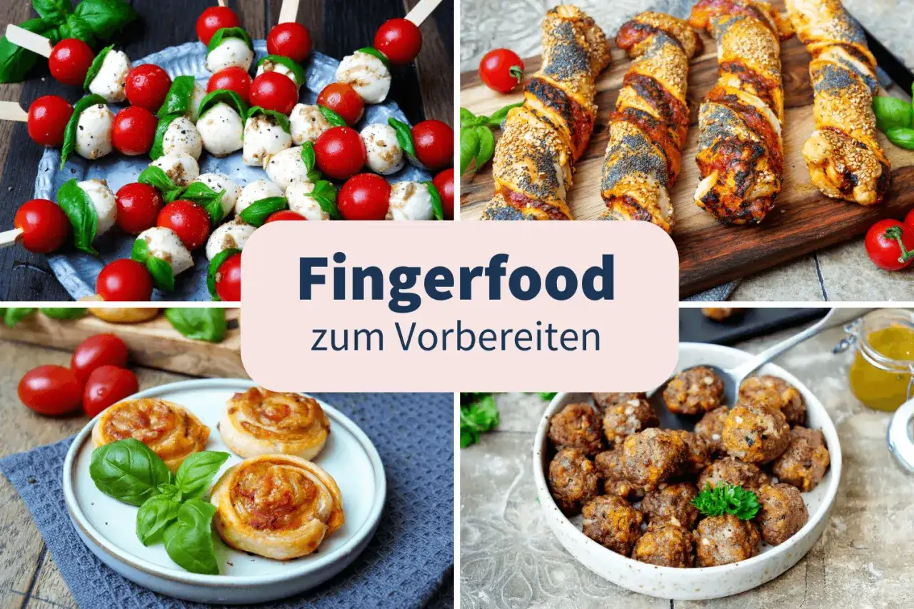 Caprese-Spieße, herzhafte Blätterteigstangen, Schnecken und Frikadellen – alles leckere partyrezepte zum vorbereiten am vortag.
