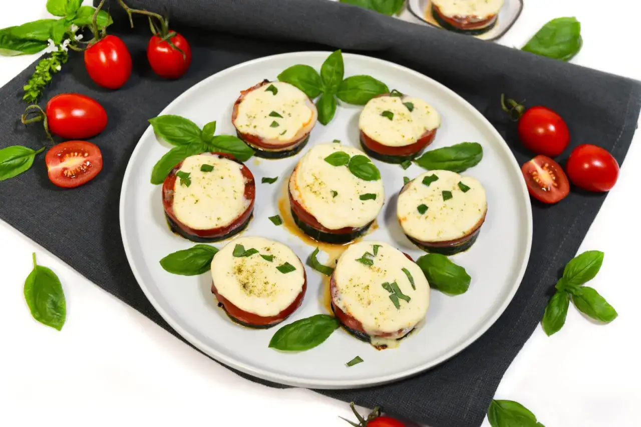 Zucchini Caprese-T&uuml;rmchen mit geschmolzenem Mozzarella und frischem Basilikum, garniert mit Tomaten.