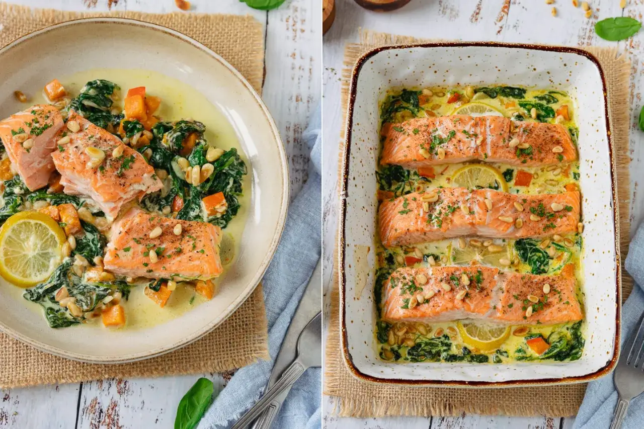 Schneller Auflauf mit Lachs, Spinat und K&uuml;rbis in cremiger Sauce, garniert mit Pinienkernen und Zitronenscheiben.