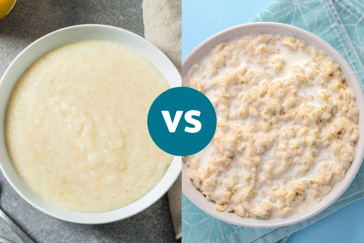 Zwei Schüsseln Brei: links cremiger Dinkelbrei, rechts rustikale Haferflocken mit Milch.
