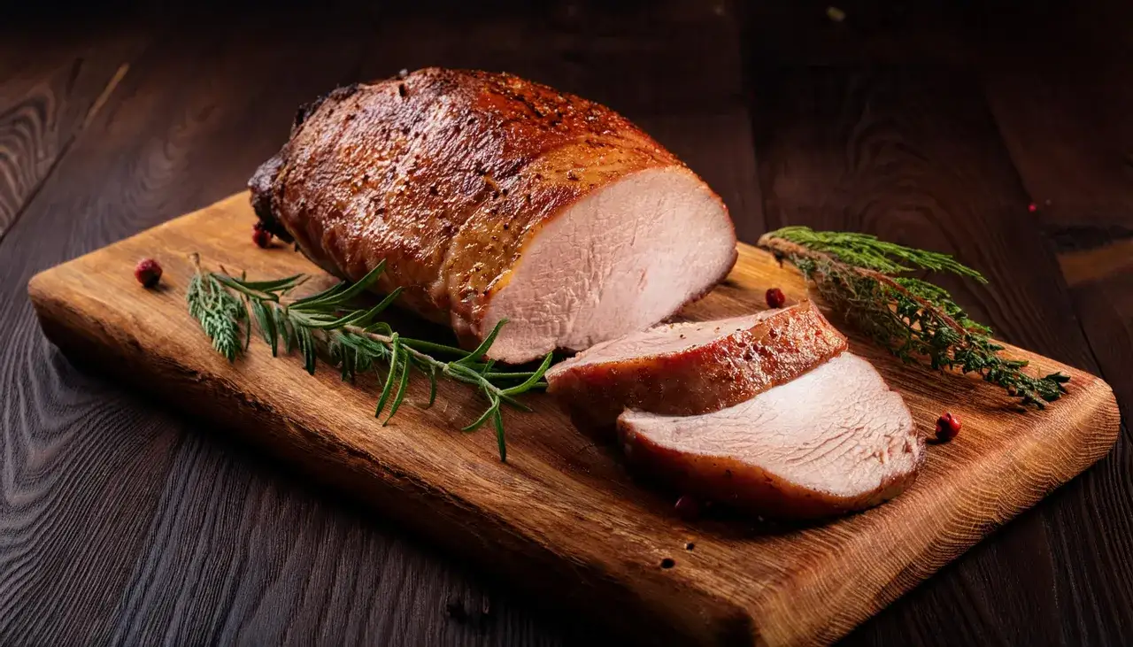Ein saftiges Schweinefilet braten, perfekt gegart und auf einem Holzbrett mit Rosmarin und Beeren angerichtet.